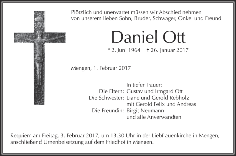 Traueranzeige für Daniel Ott vom 01.02.2017 aus Schwäbische Zeitung