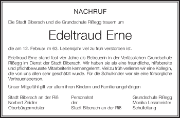 Anzeige von Edeltraud Erne von Schwäbische Zeitung