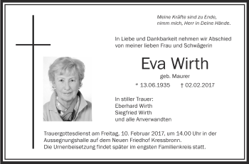 Anzeige von Eva Wirth von Schwäbische Zeitung