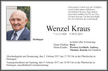 Anzeige von Wenzel Kraus von Schwäbische Zeitung