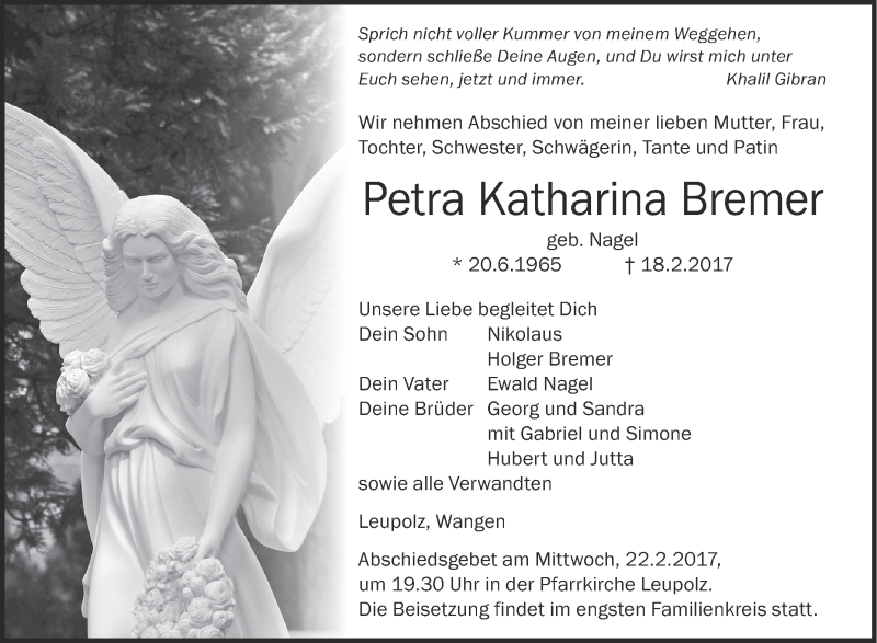  Traueranzeige für Petra Katharina Bremer vom 21.02.2017 aus Schwäbische Zeitung