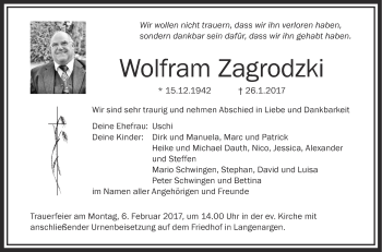 Anzeige von Wolfram Zagrodzki von Schwäbische Zeitung
