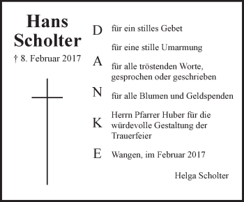 Anzeige von Hans Scholter von Schwäbische Zeitung
