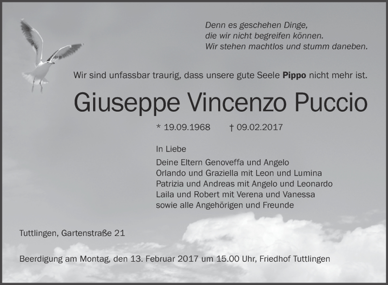  Traueranzeige für Giuseppe Vincenzo Puccio vom 11.02.2017 aus Schwäbische Zeitung