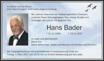 Anzeige von Hans Bader von Schwäbische Zeitung