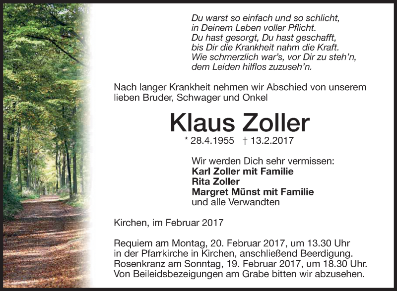  Traueranzeige für Klaus Zoller vom 17.02.2017 aus Schwäbische Zeitung