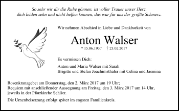 Anzeige von Anton Walser von Schwäbische Zeitung