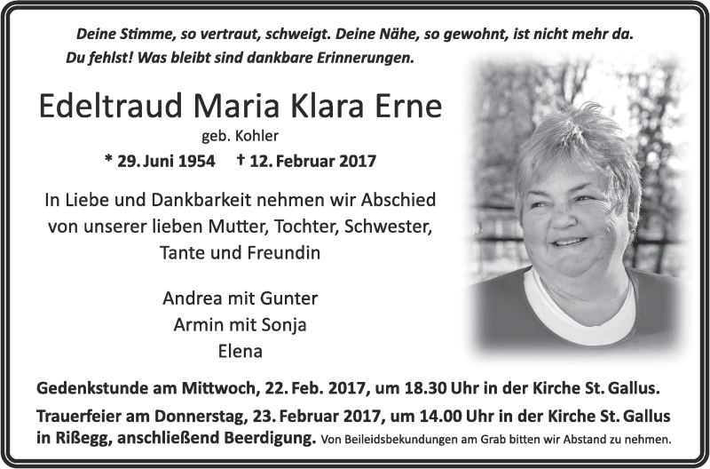  Traueranzeige für Edeltraud Maria Erne vom 18.02.2017 aus Schwäbische Zeitung