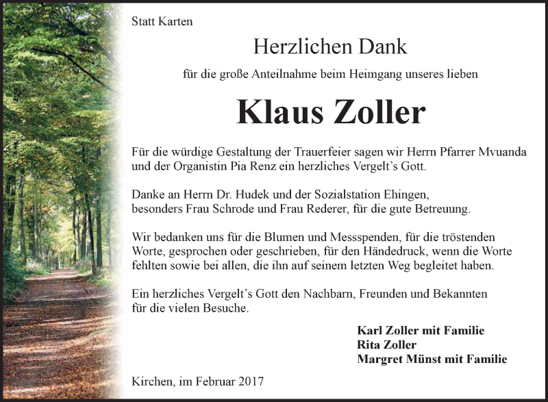  Traueranzeige für Klaus Zoller vom 27.02.2017 aus Schwäbische Zeitung