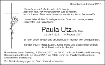 Anzeige von Paula Utz von Schwäbische Zeitung