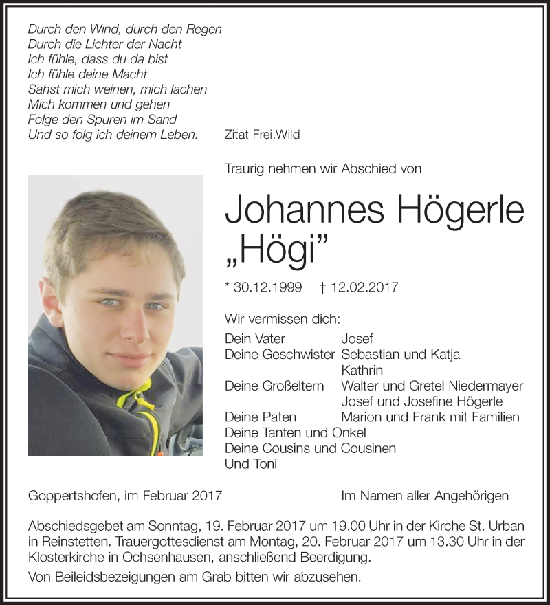  Traueranzeige für Johannes Högerle vom 17.02.2017 aus Schwäbische Zeitung