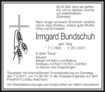 Anzeige von Irmgard Bundschuh von Schwäbische Zeitung