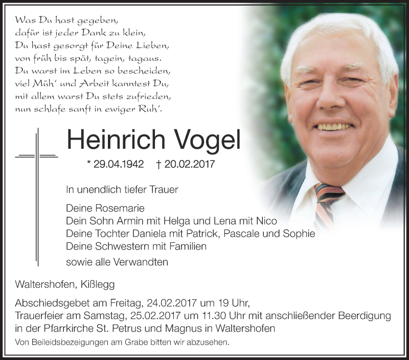  Traueranzeige für Heinrich Vogel vom 23.02.2017 aus Schwäbische Zeitung