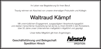 Anzeige von Waltraud Kämpf von Schwäbische Zeitung