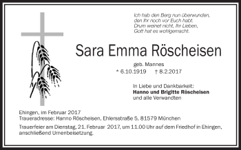 Anzeige von Sara Emma Röscheisen von Schwäbische Zeitung