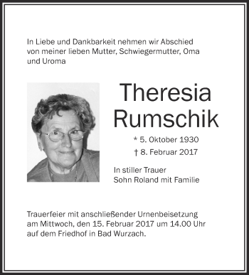 Anzeige von Theresia Rumschik von Schwäbische Zeitung