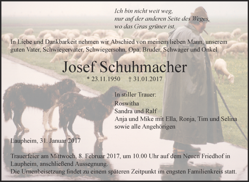  Traueranzeige für Josef Schuhmacher vom 04.02.2017 aus Schwäbische Zeitung