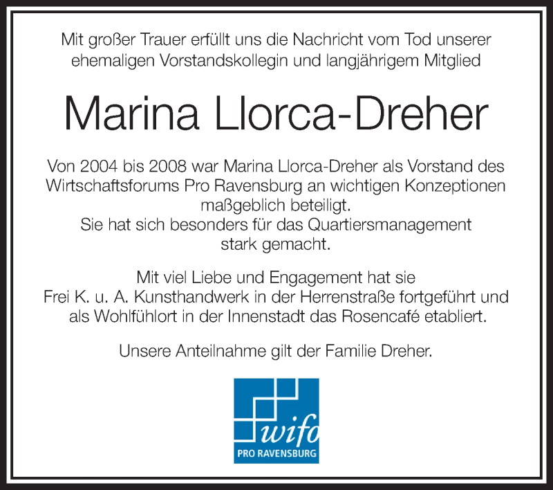  Traueranzeige für Marina Llorca-Dreher vom 22.03.2017 aus Schwäbische Zeitung