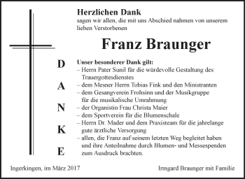 Anzeige von Franz Braunger von Schwäbische Zeitung