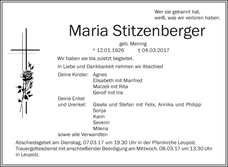  Traueranzeige für Maria Stitzenberger vom 06.03.2017 aus Schwäbische Zeitung
