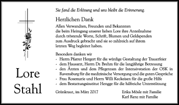 Anzeige von Lore Stahl von Schwäbische Zeitung