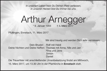 Anzeige von Arthur Arnegger von Schwäbische Zeitung