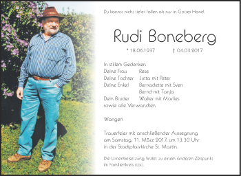 Anzeige von Rudi Boneberg von Schwäbische Zeitung