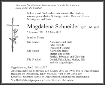 Anzeige von Magdalena Schneider von Schwäbische Zeitung
