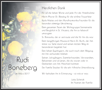 Anzeige von Rudi Boneberg von Schwäbische Zeitung