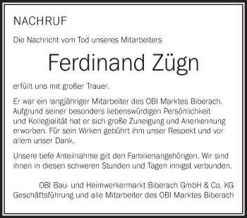 Anzeige von Ferdinand Zügn von Schwäbische Zeitung
