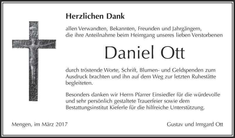  Traueranzeige für Daniel Ott vom 04.03.2017 aus Schwäbische Zeitung