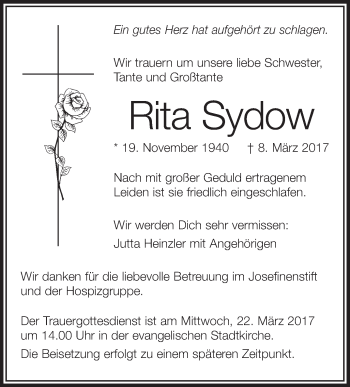 Anzeige von Rita Sydow von Schwäbische Zeitung