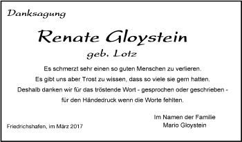 Anzeige von Renate Gloystein von Schwäbische Zeitung