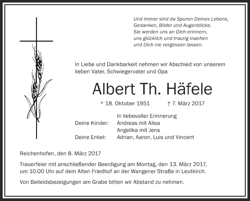  Traueranzeige für Albert Th. Häfele vom 09.03.2017 aus Schwäbische Zeitung