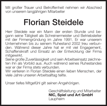 Anzeige von Florian Steidele von Schwäbische Zeitung