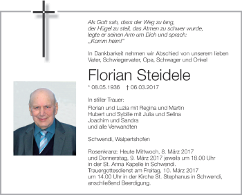 Anzeige von Florian Steidele von Schwäbische Zeitung