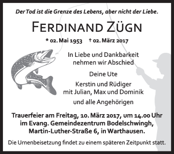 Anzeige von Ferdinand Zügn von Schwäbische Zeitung
