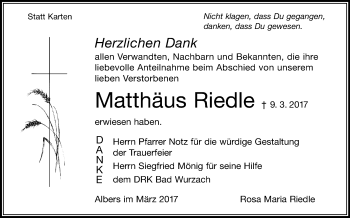 Anzeige von Matthäus Riedle von Schwäbische Zeitung