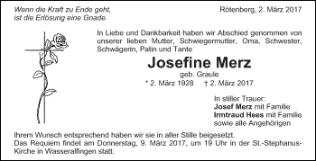 Anzeige von Josefine Merz von Schwäbische Zeitung