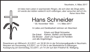 Anzeige von Hans Schneider von Schwäbische Zeitung