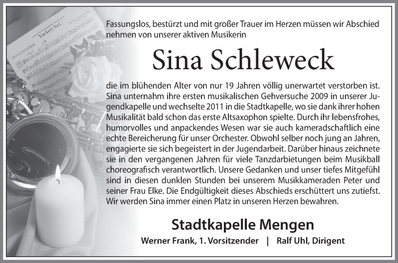 Traueranzeige für Sina Schleweck vom 22.03.2017 aus Schwäbische Zeitung