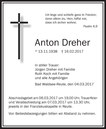 Anzeige von Anton Dreher von Schwäbische Zeitung
