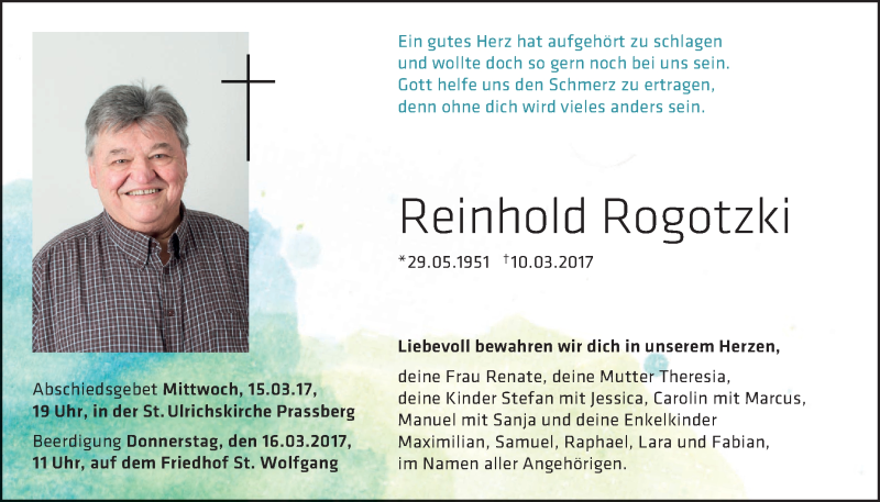  Traueranzeige für Reinhold Rogotzki vom 14.03.2017 aus Schwäbische Zeitung