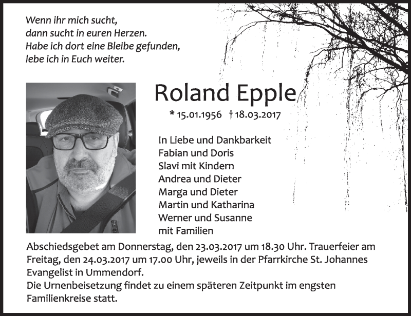  Traueranzeige für Roland Epple vom 22.03.2017 aus Schwäbische Zeitung