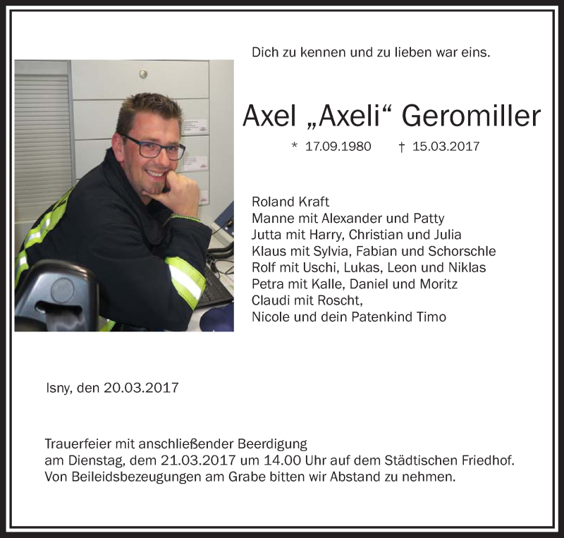  Traueranzeige für Axel Geromiller vom 20.03.2017 aus Schwäbische Zeitung