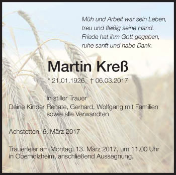 Anzeige von Martin Kreß von Schwäbische Zeitung