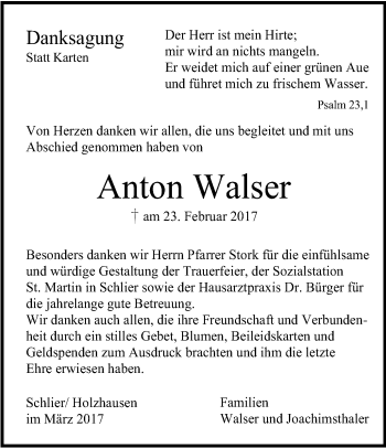 Anzeige von Anton Walser von Schwäbische Zeitung