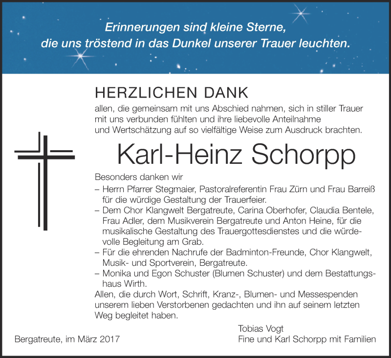  Traueranzeige für Karl-Heinz Schorpp vom 23.03.2017 aus Schwäbische Zeitung