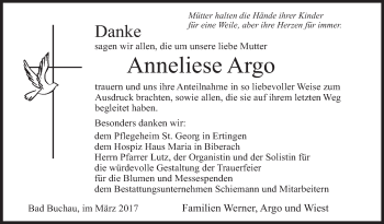 Anzeige von Anneliese Argo von Schwäbische Zeitung