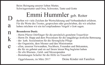 Anzeige von Emmi Hummler von Schwäbische Zeitung